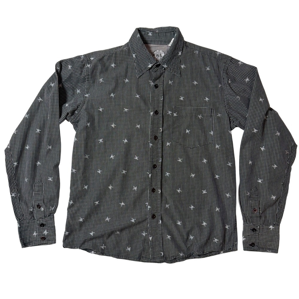 Fred Howard Mens Skull Crossbones Grid Print Button Down Shirt Black Grey M